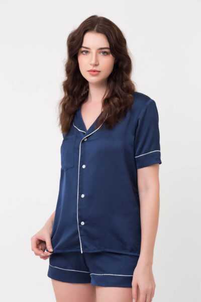 Short PJ Set (Navy) - SILK PYJAMAS AUSTRALIA