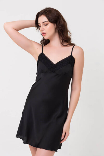 Black lace silk nightgown and robe pyjama set