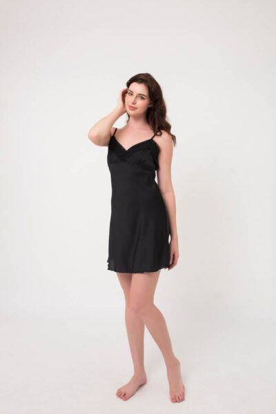 Black lace silk nightgown and robe pyjama set