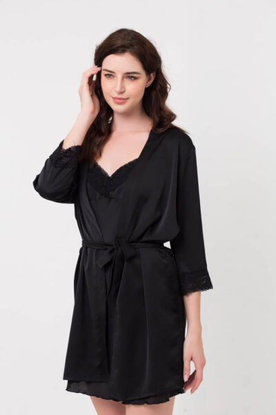 Black lace silk nightgown and robe pyjama set