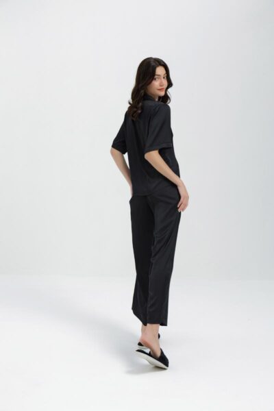 Silk Oversized Double Breasted Pyjama Set (Black)