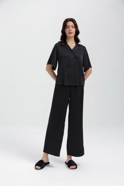 Silk Oversized Double Breasted Pyjama Set (Black)