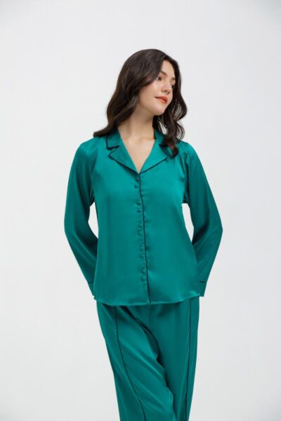 Silk Long PJ Set with Piping Details (Teal)