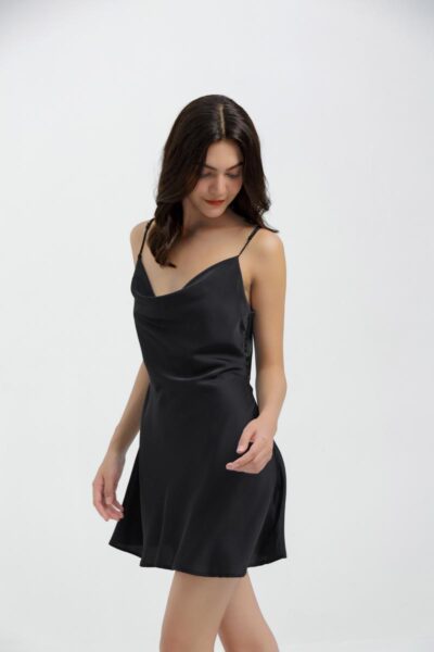 Silk Cowl Neck Mini Nightgown Black