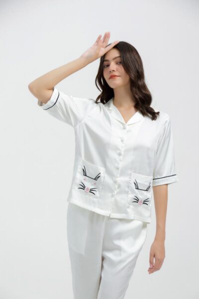 Cat Embroidered Pocket Silk Long Pyjama Set (White)