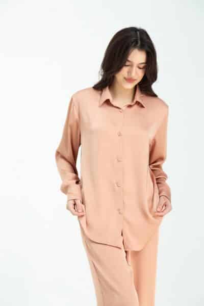 Oversized Long Silk Pyjama Set (Rose Gold)