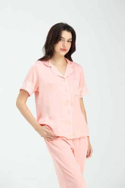 Short Sleeve and Long Pants Silk Pyjama Set (Misty Rose)