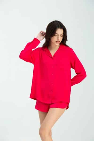 Long Sleeve Shirt and Shorts Silk Pyjama Set (Paradise Pink)