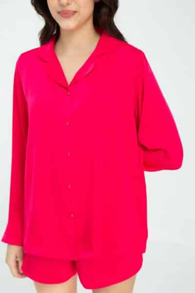 Long Sleeve Shirt and Shorts Silk Pyjama Set (Paradise Pink)
