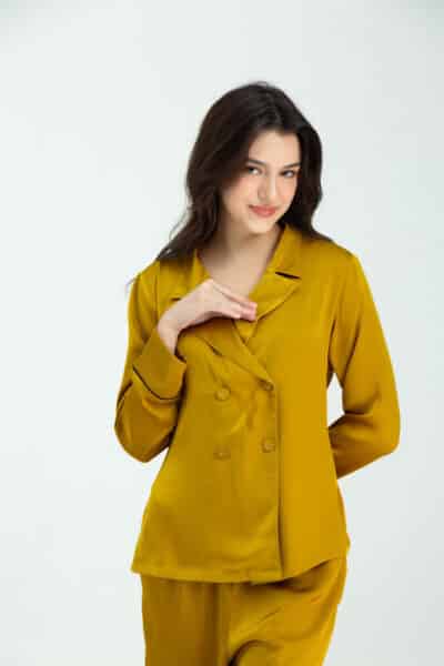 Double breasted long silk pyjama set Yellow ochre